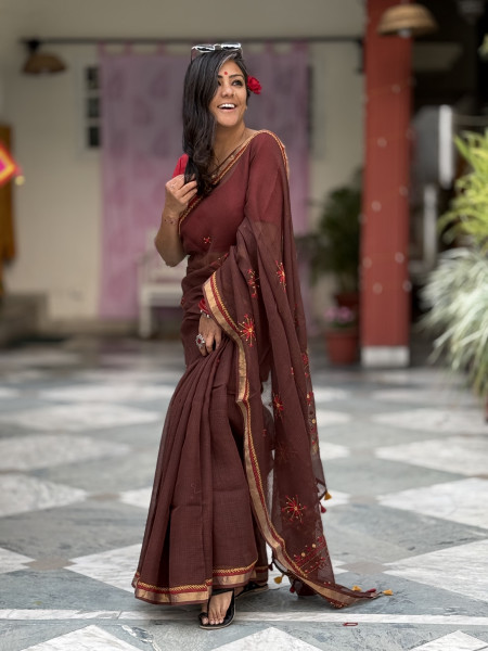 BROWN KOTA COTTON HAND EMBROIDERED SARI
