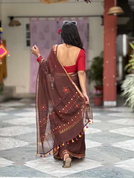 BROWN KOTA COTTON HAND EMBROIDERED SARI