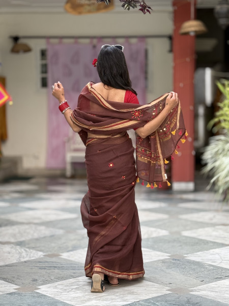BROWN KOTA COTTON HAND EMBROIDERED SARI