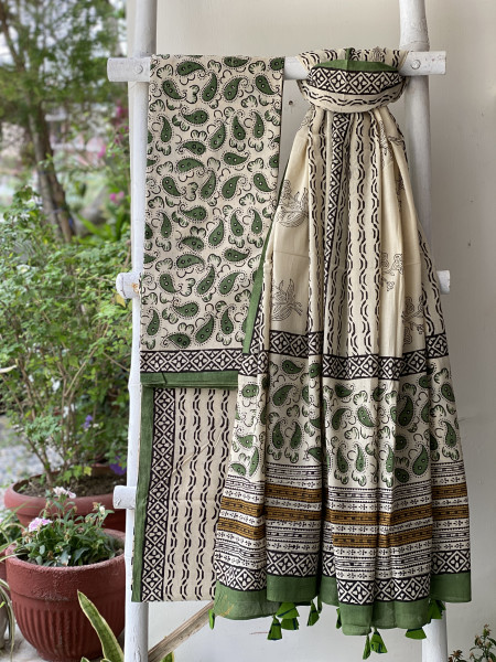 BEIGE-GREEN HAND BLOCK PRINT MUL COTTON DUPATTA SET