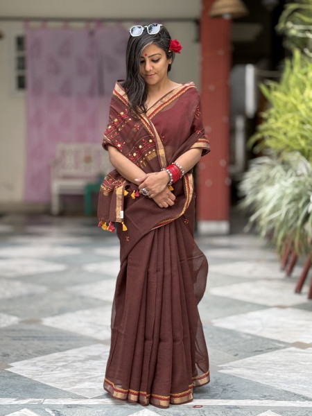 BROWN KOTA COTTON HAND EMBROIDERED SARI