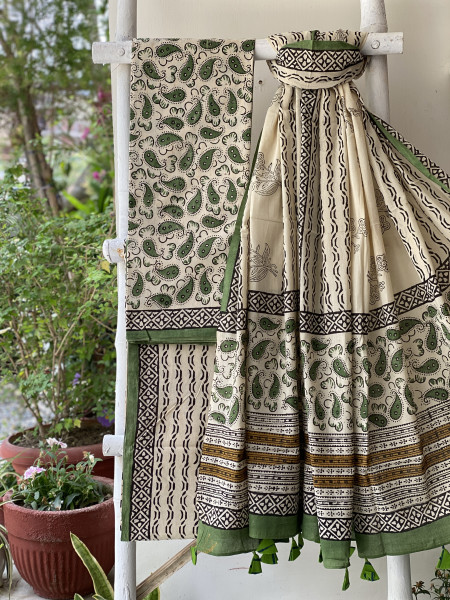 BEIGE-GREEN HAND BLOCK PRINT MUL COTTON DUPATTA SET