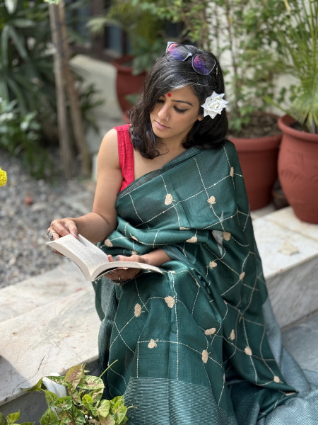 BOTTLE GREEN KORA SILK HAND EMBROIDERED SARI