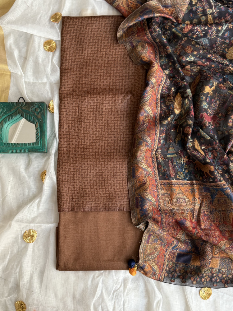 Image of BROWN-BLACK WOVEN SILK KANI dupatta Set