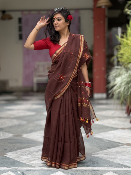 BROWN KOTA COTTON HAND EMBROIDERED SARI