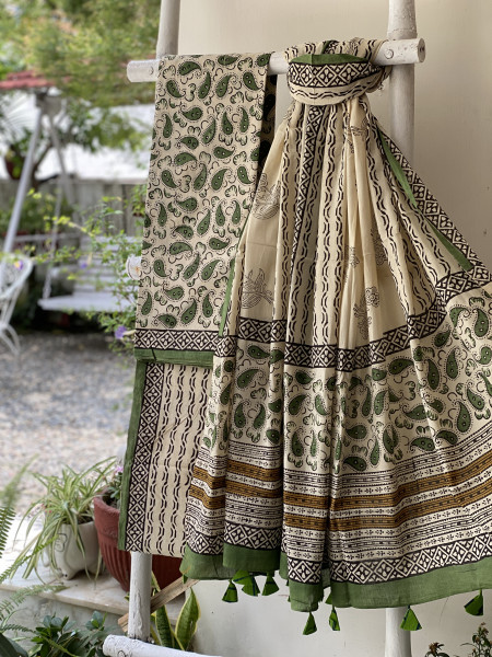 BEIGE-GREEN HAND BLOCK PRINT MUL COTTON DUPATTA SET