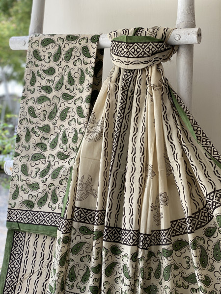 BEIGE-GREEN HAND BLOCK PRINT MUL COTTON DUPATTA SET