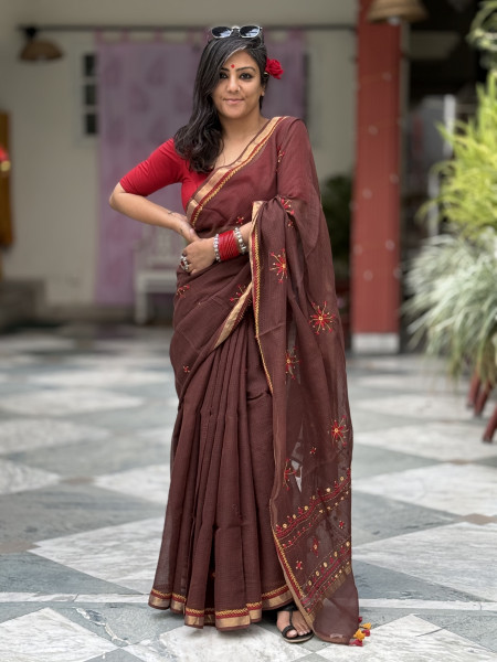 BROWN KOTA COTTON HAND EMBROIDERED SARI