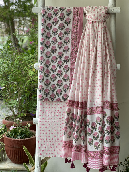 OFF WHITE-PINK HAND BLOCK PRINT MUL COTTON DUPATTA SET
