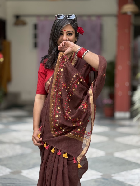 BROWN KOTA COTTON HAND EMBROIDERED SARI