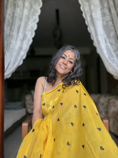 YELLOW COTTON MULMUL EMBROIDERED SARI