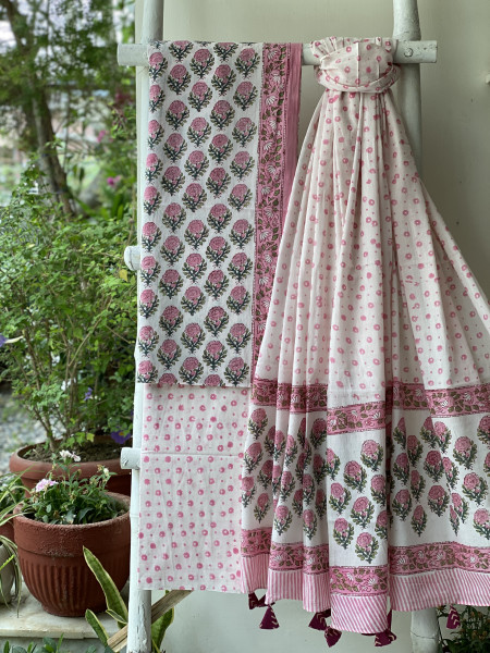 OFF WHITE-PINK HAND BLOCK PRINT MUL COTTON DUPATTA SET