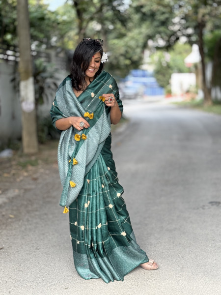 BOTTLE GREEN KORA SILK HAND EMBROIDERED SARI