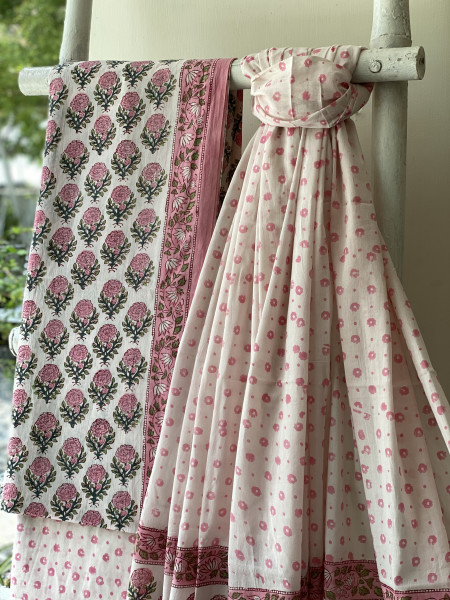 OFF WHITE-PINK HAND BLOCK PRINT MUL COTTON DUPATTA SET