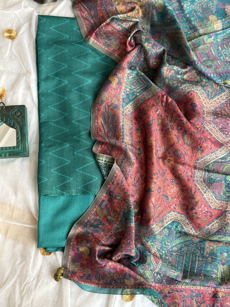 Image of TEAL-RUST WOVEN SILK KANI dupatta Set
