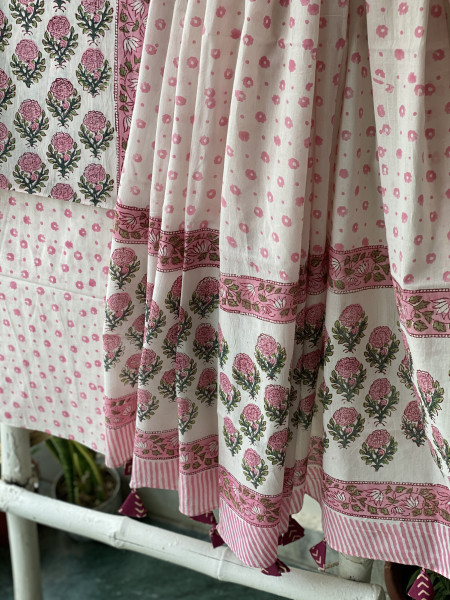 OFF WHITE-PINK HAND BLOCK PRINT MUL COTTON DUPATTA SET