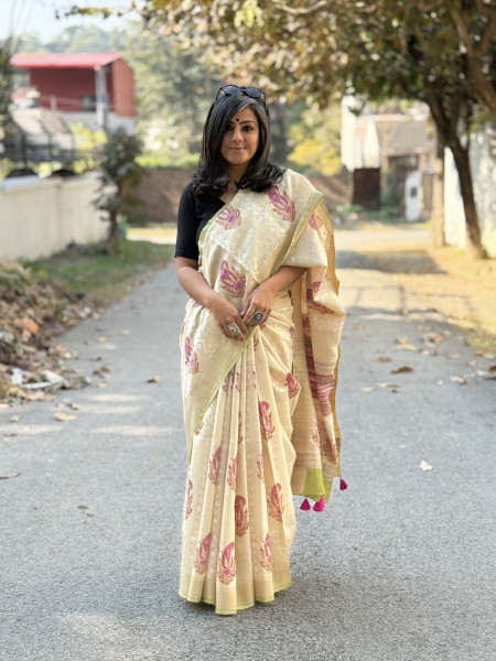OFF WHITE-PINK  HAND BLOCK PRINT HANDLOOM SILK SARI
