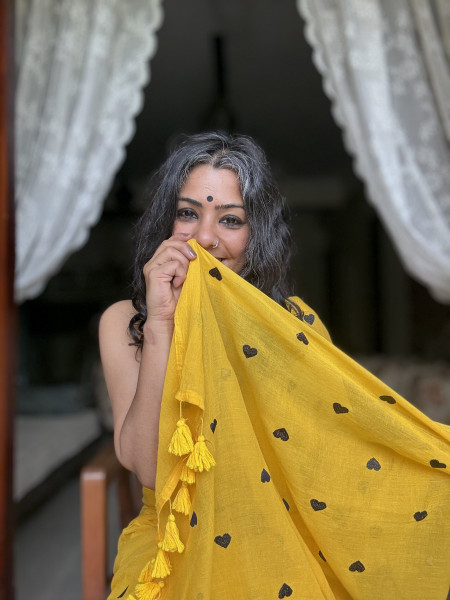 YELLOW COTTON MULMUL EMBROIDERED SARI