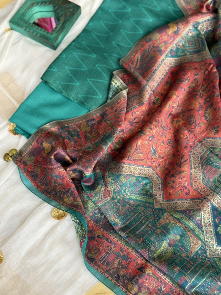 TEAL-RUST WOVEN SILK KANI dupatta Set