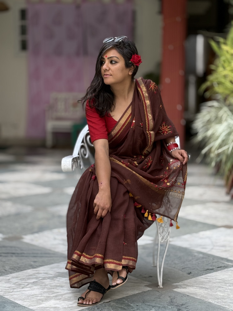 Image of BROWN KOTA COTTON HAND EMBROIDERED SARI