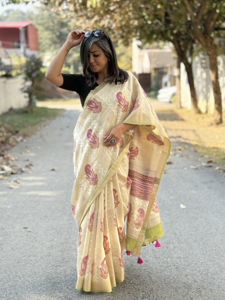 OFF WHITE-PINK  HAND BLOCK PRINT HANDLOOM SILK SARI