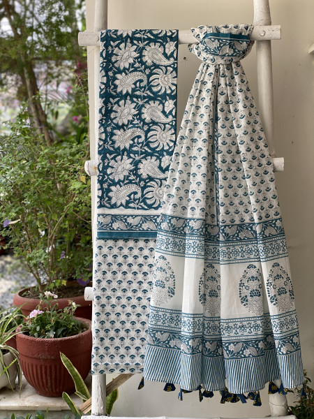 TEAL & OFF WHITE HAND BLOCK PRINT MUL COTTON DUPATTA SET