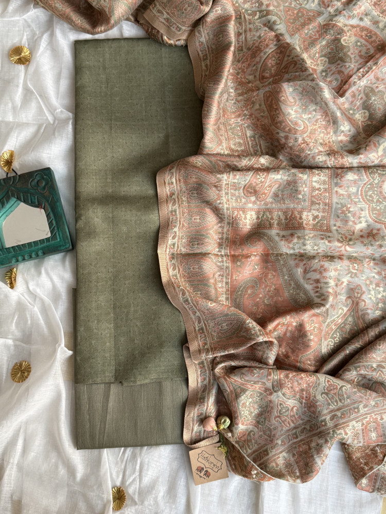 Image of MEHNDI GREEN-OFF WHITE WOVEN SILK KANI dupatta Set