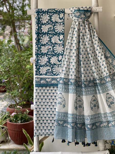 TEAL & OFF WHITE HAND BLOCK PRINT MUL COTTON DUPATTA SET