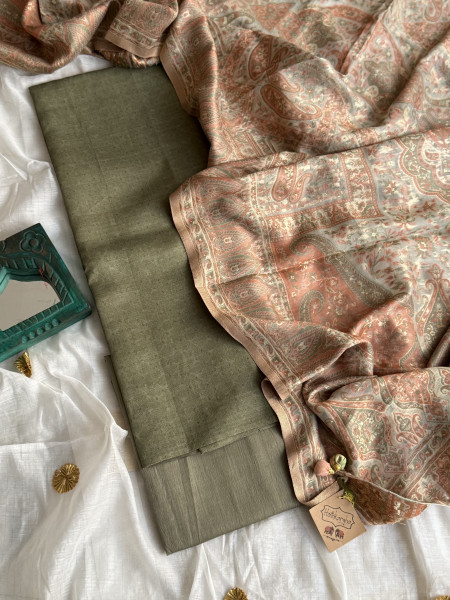 MEHNDI GREEN-OFF WHITE WOVEN SILK KANI dupatta Set