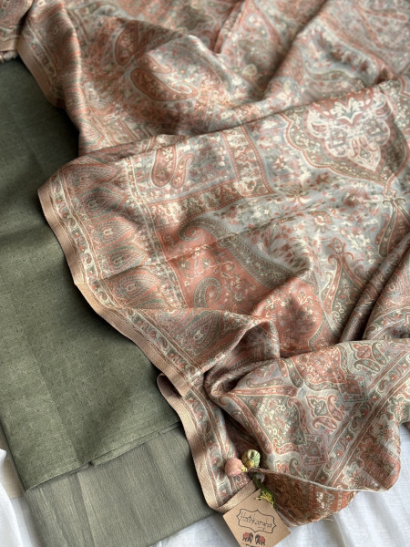 MEHNDI GREEN-OFF WHITE WOVEN SILK KANI dupatta Set