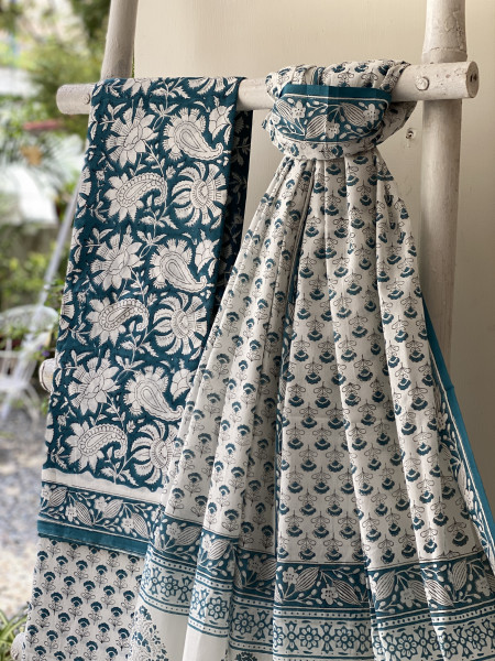 TEAL & OFF WHITE HAND BLOCK PRINT MUL COTTON DUPATTA SET