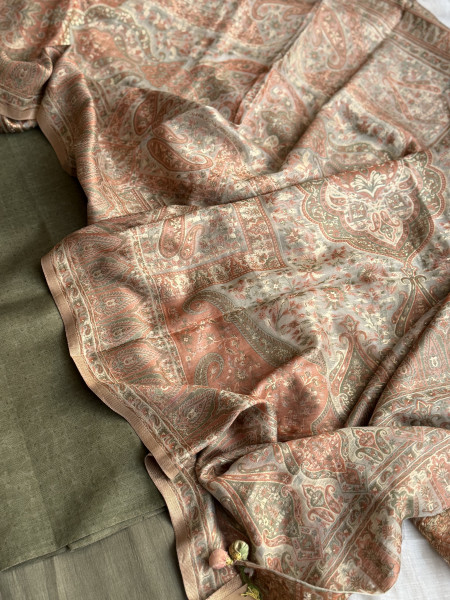 MEHNDI GREEN-OFF WHITE WOVEN SILK KANI dupatta Set