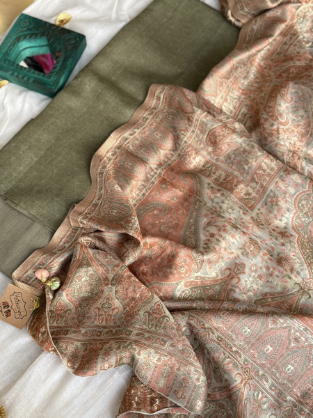 MEHNDI GREEN-OFF WHITE WOVEN SILK KANI dupatta Set