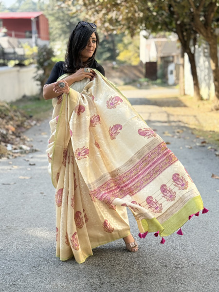 OFF WHITE-PINK  HAND BLOCK PRINT HANDLOOM SILK SARI