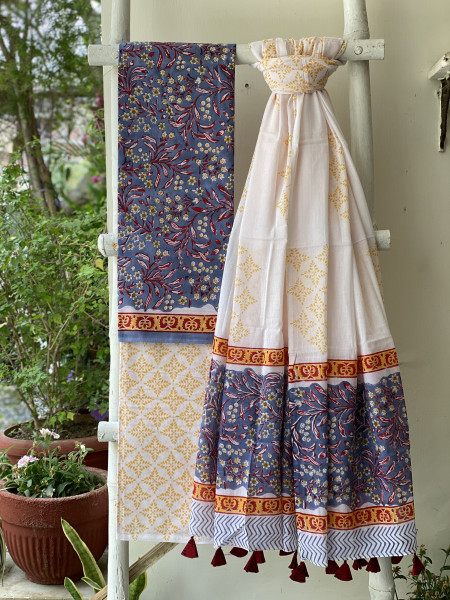 BLUISH-GREY & OFF WHITE HAND BLOCK PRINT MUL COTTON DUPATTA SET