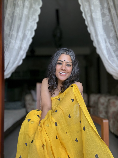 YELLOW COTTON MULMUL EMBROIDERED SARI