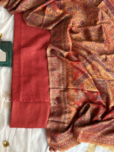 RED-MUSTARD WOVEN SILK KANI dupatta Set