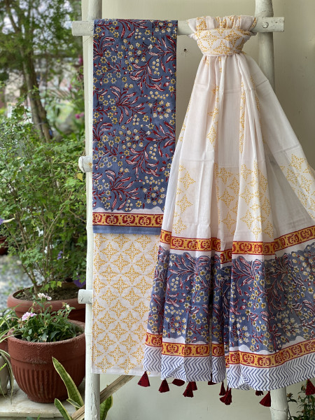 BLUISH-GREY & OFF WHITE HAND BLOCK PRINT MUL COTTON DUPATTA SET