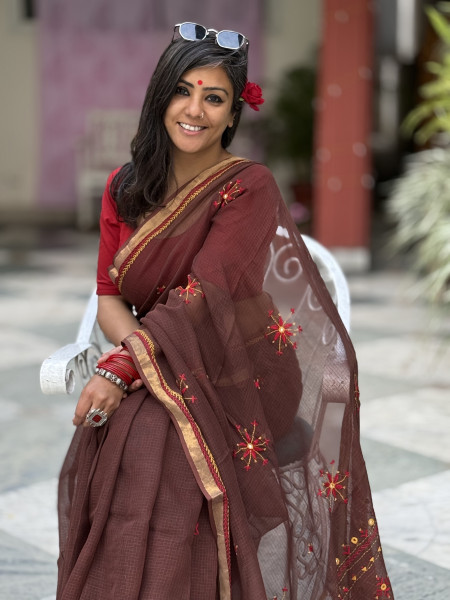 BROWN KOTA COTTON HAND EMBROIDERED SARI