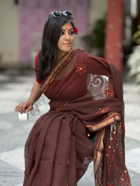 BROWN KOTA COTTON HAND EMBROIDERED SARI