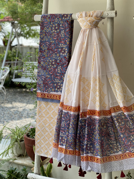 BLUISH-GREY & OFF WHITE HAND BLOCK PRINT MUL COTTON DUPATTA SET