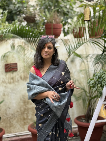 BLACK  KORA SILK HAND EMBROIDERED SARI