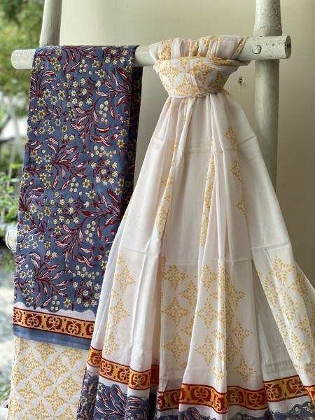 BLUISH-GREY & OFF WHITE HAND BLOCK PRINT MUL COTTON DUPATTA SET