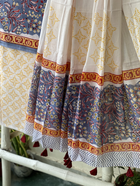BLUISH-GREY & OFF WHITE HAND BLOCK PRINT MUL COTTON DUPATTA SET