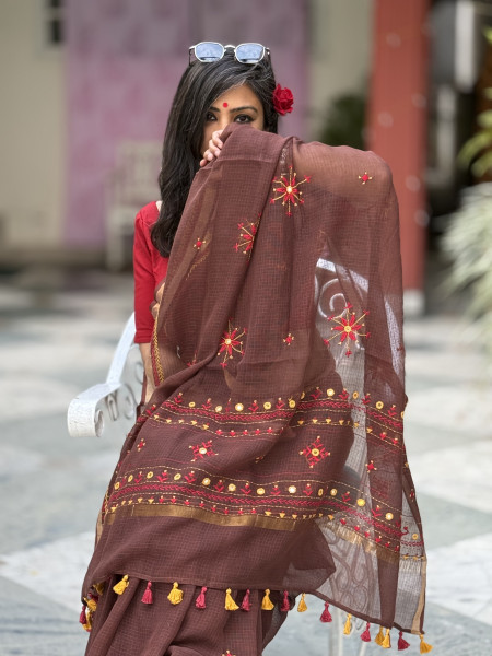 BROWN KOTA COTTON HAND EMBROIDERED SARI