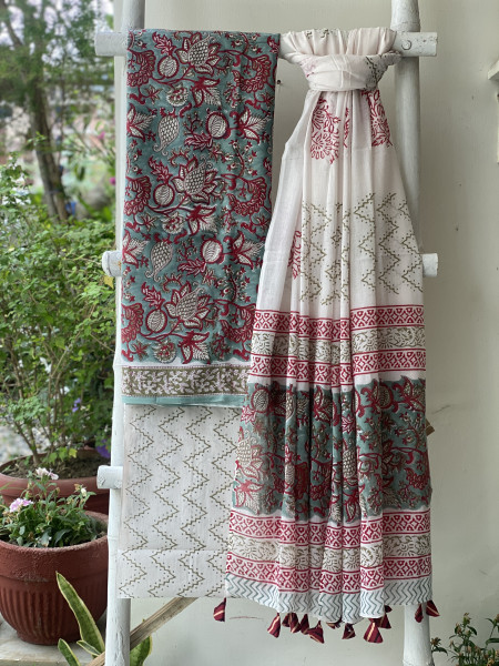AQUA & OFF WHITE HAND BLOCK PRINT MUL COTTON DUPATTA SET