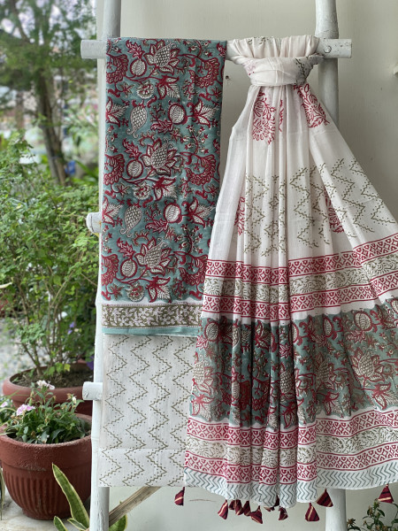 AQUA & OFF WHITE HAND BLOCK PRINT MUL COTTON DUPATTA SET