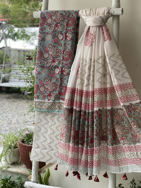 AQUA & OFF WHITE HAND BLOCK PRINT MUL COTTON DUPATTA SET