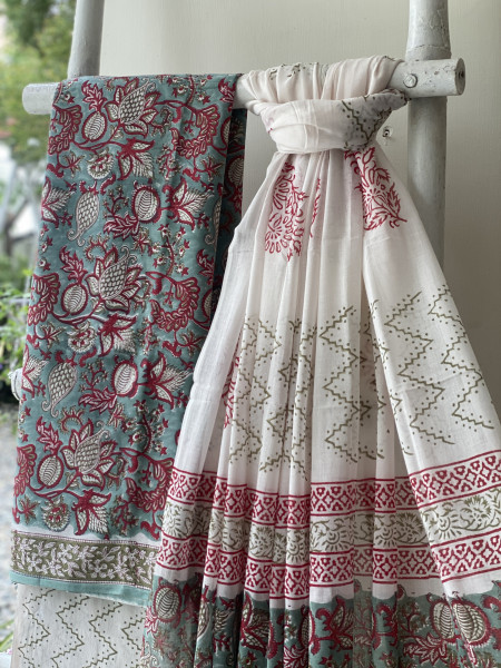 AQUA & OFF WHITE HAND BLOCK PRINT MUL COTTON DUPATTA SET