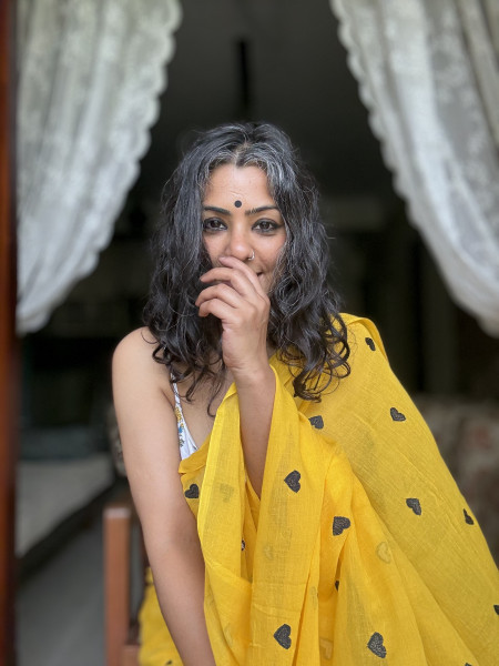 YELLOW COTTON MULMUL EMBROIDERED SARI